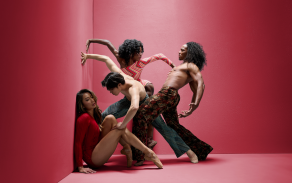 members of complexions contemporary ballet posing in the corner of a room.