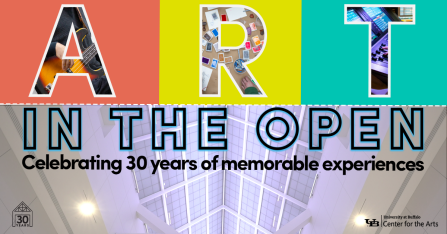 art in the open logo incorporating the ceiling of UBCFA atrium. 