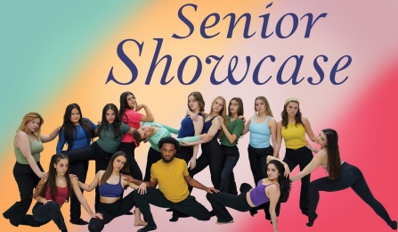 student dancers posing in front of rainbow background. 