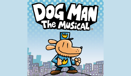 cartoon of dog man in front of a city skyline. 