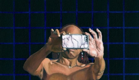 painting of woman without clothes taking a picture with a cellphone. 