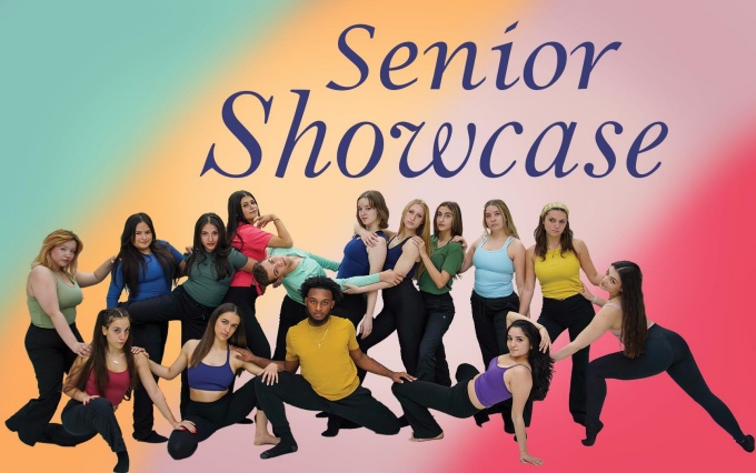 student dancer posing in front of rainbow background. 