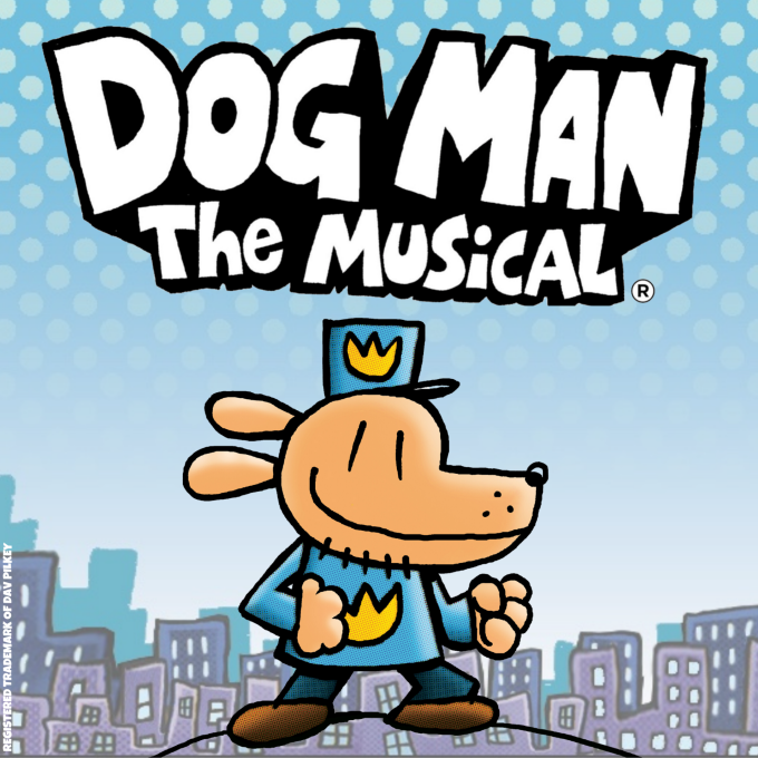 cartoon drawing of dog man in front of a city skyline. 