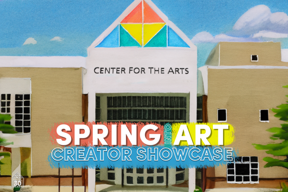 spring into art logo in front of filtered image of front of cfa. 